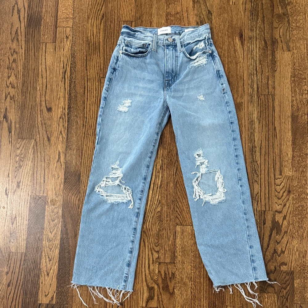 Frame Denim Light Blue Distressed Straight Leg Jeans